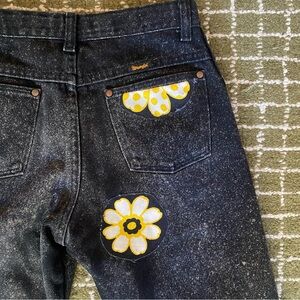 Bleached Black Wrangler Jeans with Sewn Floral Accents